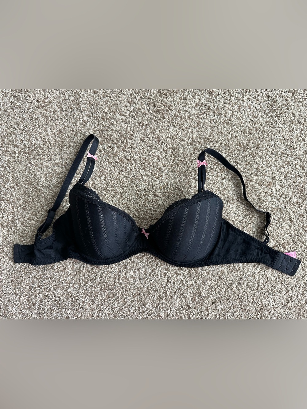 Betsey Johnson Black Lace-Trim Underwire Bra with Pink Bow Accents